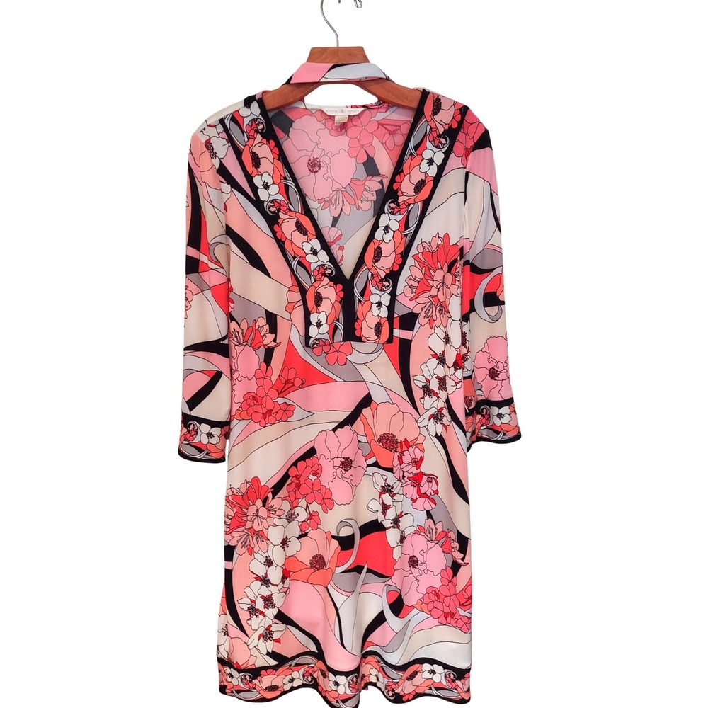 Boston Proper Pink Floral Retro Swirl Scarf V-Neck Travel Shift Dress Womens 10